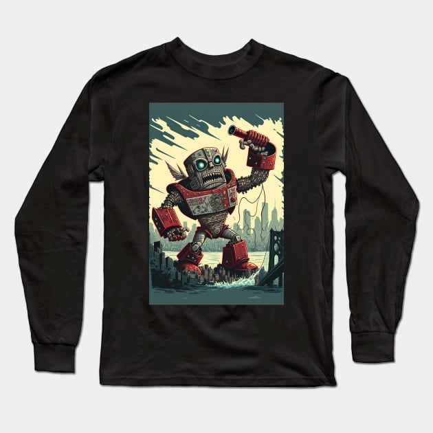 giant robot cyborg attacking the city - Japanese style Long Sleeve T-Shirt by KoolArtDistrict